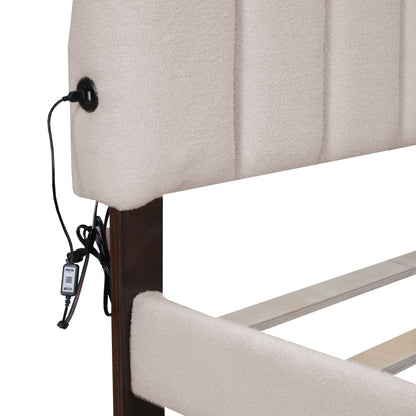 Beige Teddy Fleece Queen Upholstered Platform Bed with Storage Drawer
