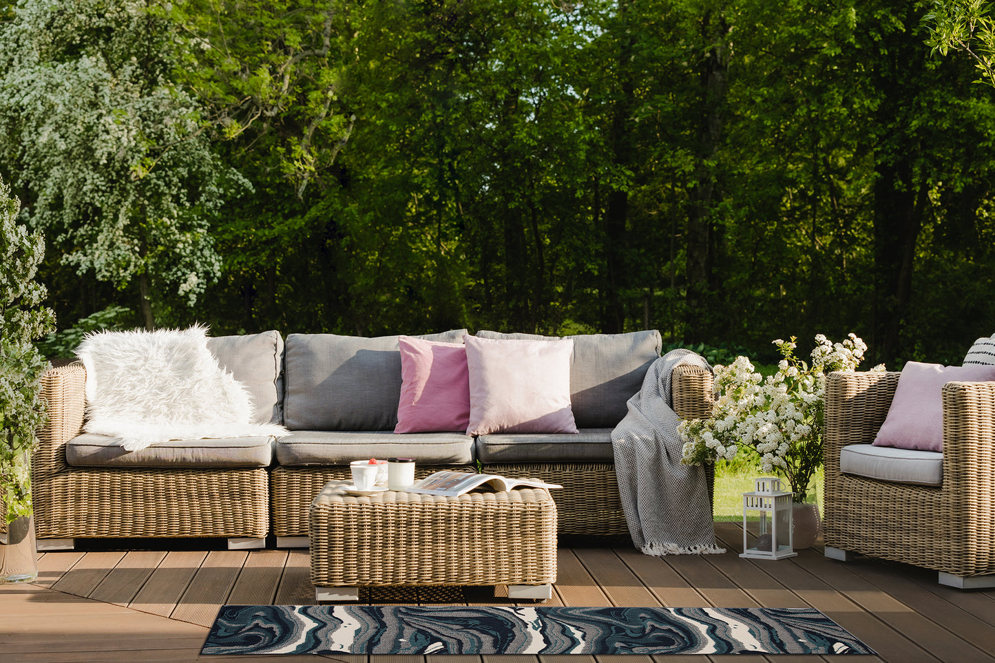 Rectangular Throw Rug 43 x 23 in, Modern Abstract Textured Cut-Pile, Indoor/Outdoor Polypropylene Teal