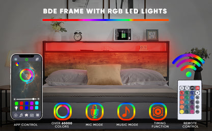 Modern Queen Bed Frame with LED Headboard, Integrated Charging Station & Storage Drawers – Sturdy Metal Platform, No Box Spring Required