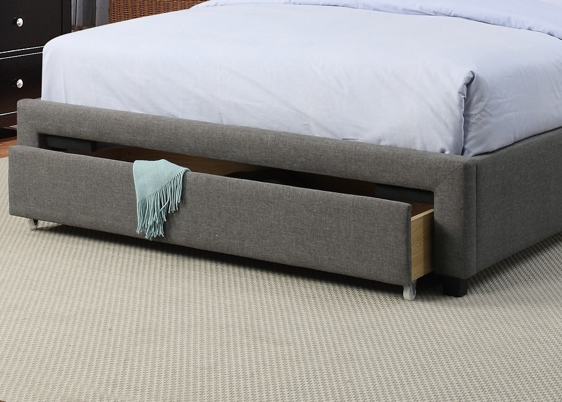 Elegant Grey Polyfiber Queen Size Bed with Tufted Headboard and Storage Drawers