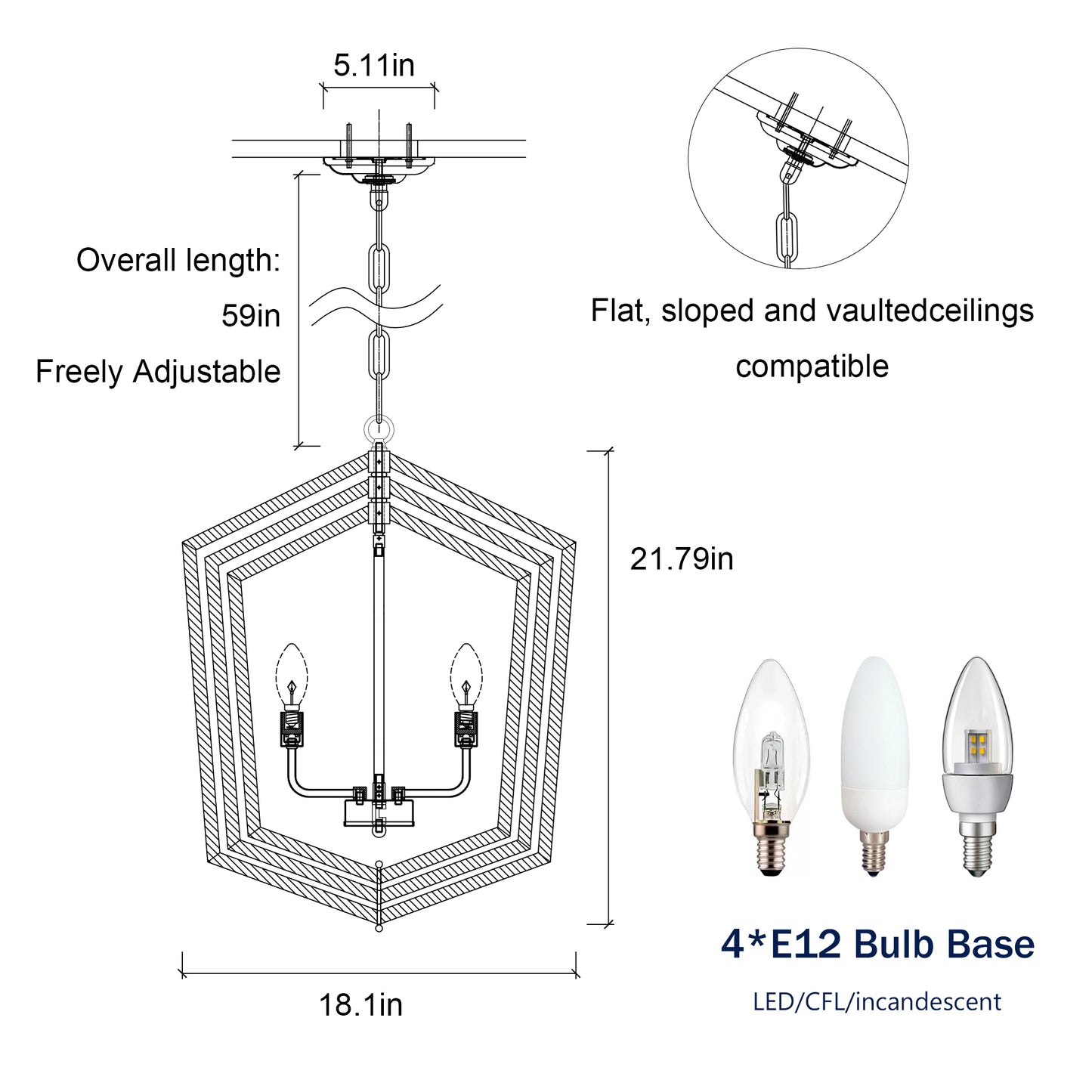 4-Light Modern Pendant Chandelier for Dining Room and Kitchen, E12 Bulbs Not Included Matte Black + Gold