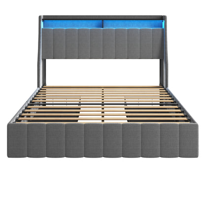 Light Grey Full Size Bed Frame with RGB LED Lighting and 4 Storage Drawers