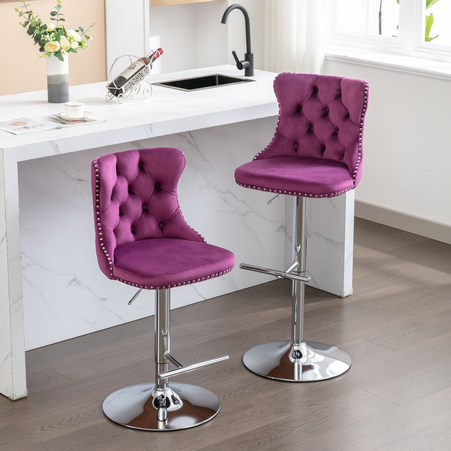 Purple Velvet Swivel Bar Stools Adjustable 25-33 Set Of 2