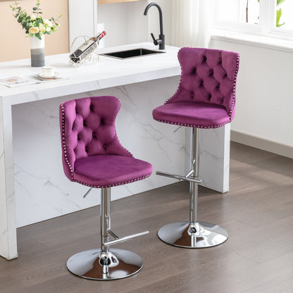 Purple Velvet Swivel Bar Stools Adjustable 25-33 Set Of 2
