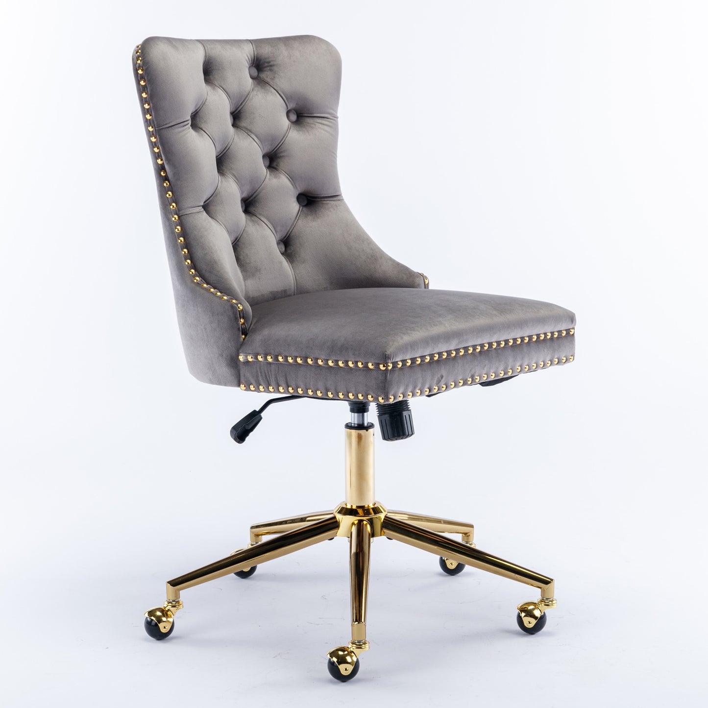 Luxurious Gray Velvet Tufted Home Office Chair with Gold Metal Base, Adjustable Swivel Design