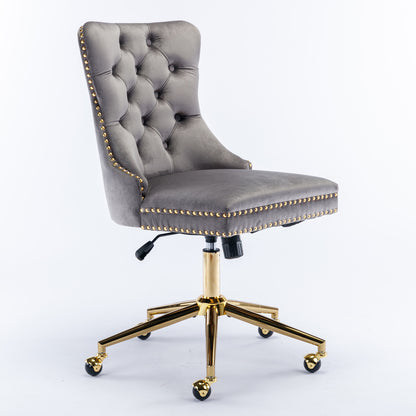 Luxurious Gray Velvet Tufted Home Office Chair with Gold Metal Base, Adjustable Swivel Design