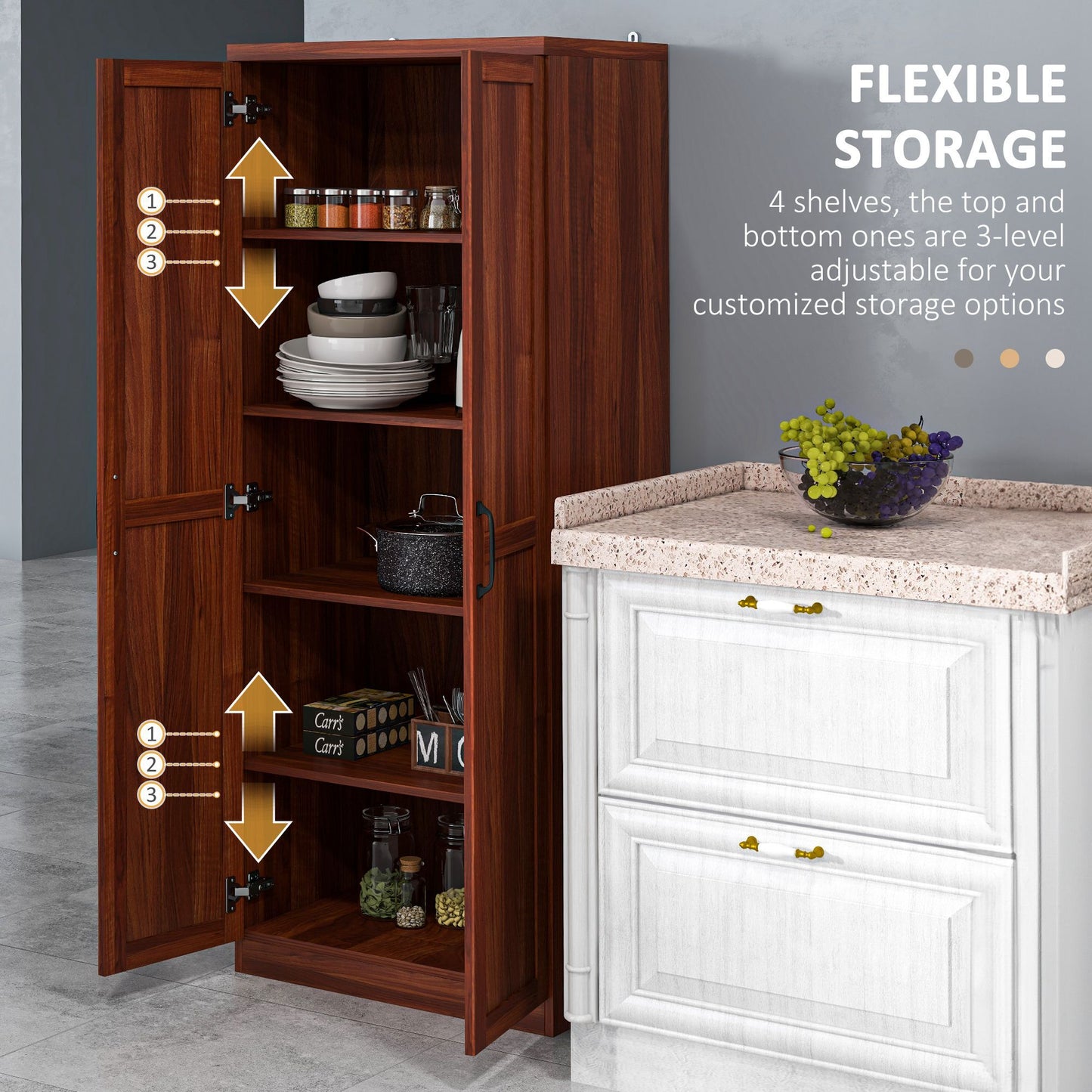 Elegant Tan Freestanding Kitchen Pantry with 5-Tier Shelving and Adjustable Storage Options