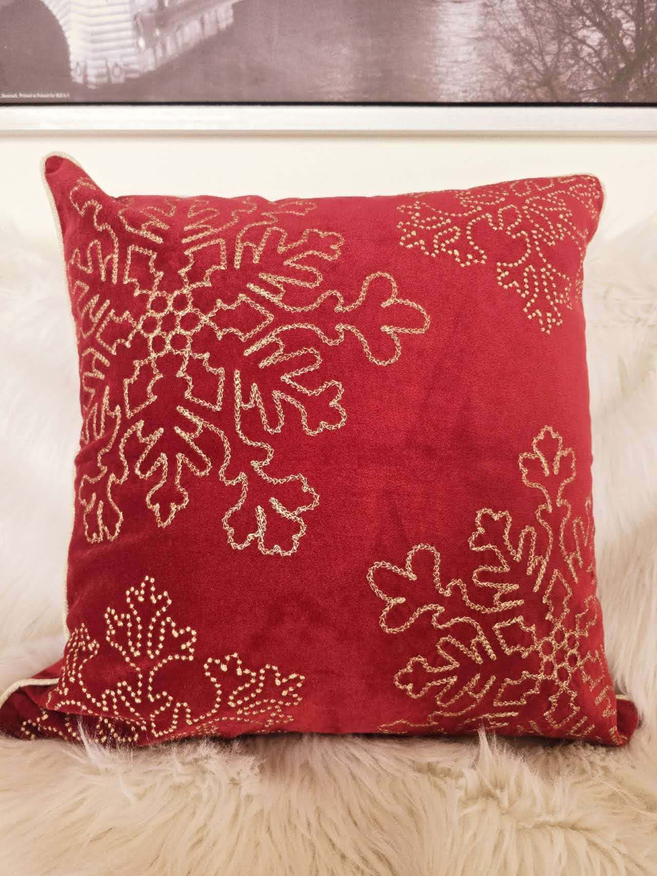 20x20 Christmas Throw Pillow with Gold Snowflake Embroidery, Velvet Cover, Insert Included, Zippered, Red