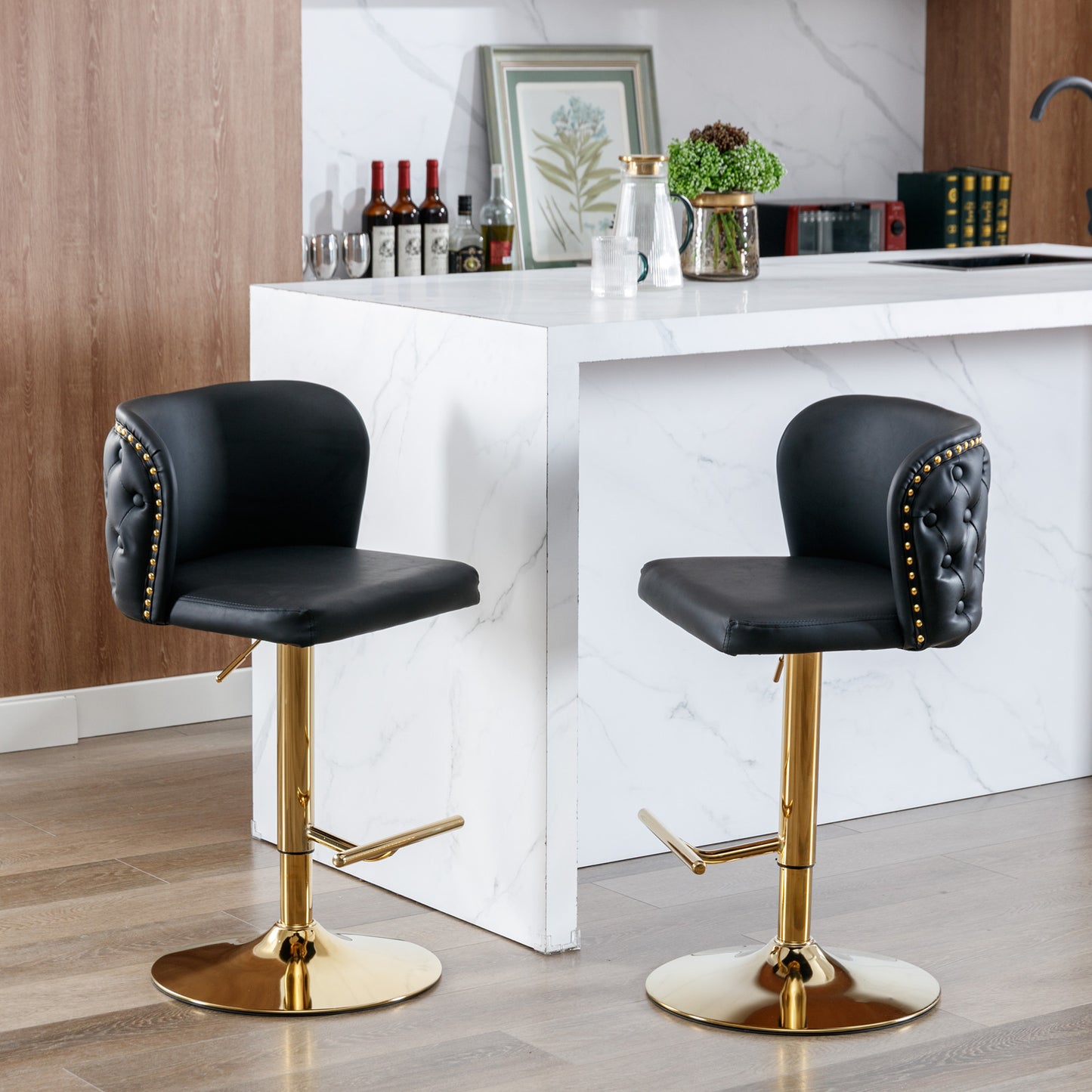 Set of 2 Adjustable Swivel Bar Stools with PU Upholstery and Full Back, Counter Height, Kitchen, Black