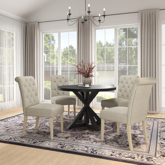 Round Dining Set With Cross Buck Base Tufted Chairs 5Pc Tan