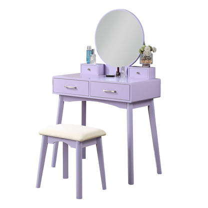 Contemporary Wood Vanity with Stool Set, 1-Drawer Makeup Table for Bedroom and Dressing Room - Purple