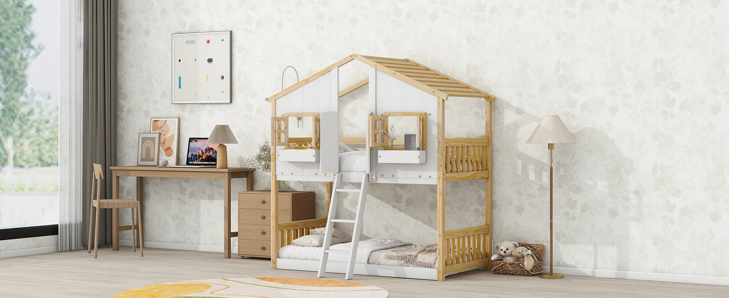 Twin House Bunk Bed for Kids with Roof, Windows, and Safety Features - Natural/White Finish