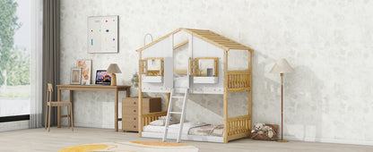 Twin House Bunk Bed for Kids with Roof, Windows, and Safety Features - Natural/White Finish