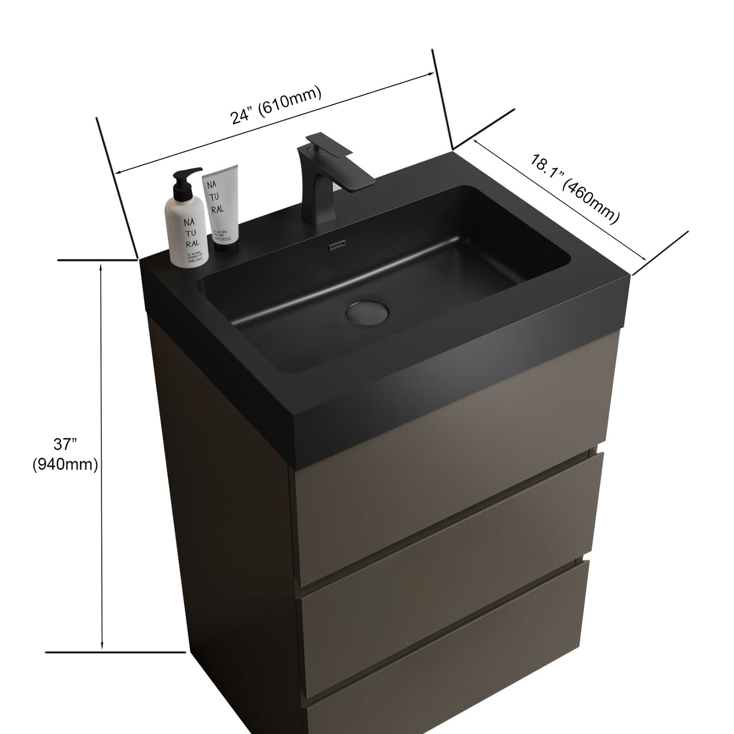 Contemporary 24" Gray Bathroom Vanity with Black Sink Basin, Stylish Freestanding Design for Modern Spaces, Pre-assembled with Ample Storage Solutions
