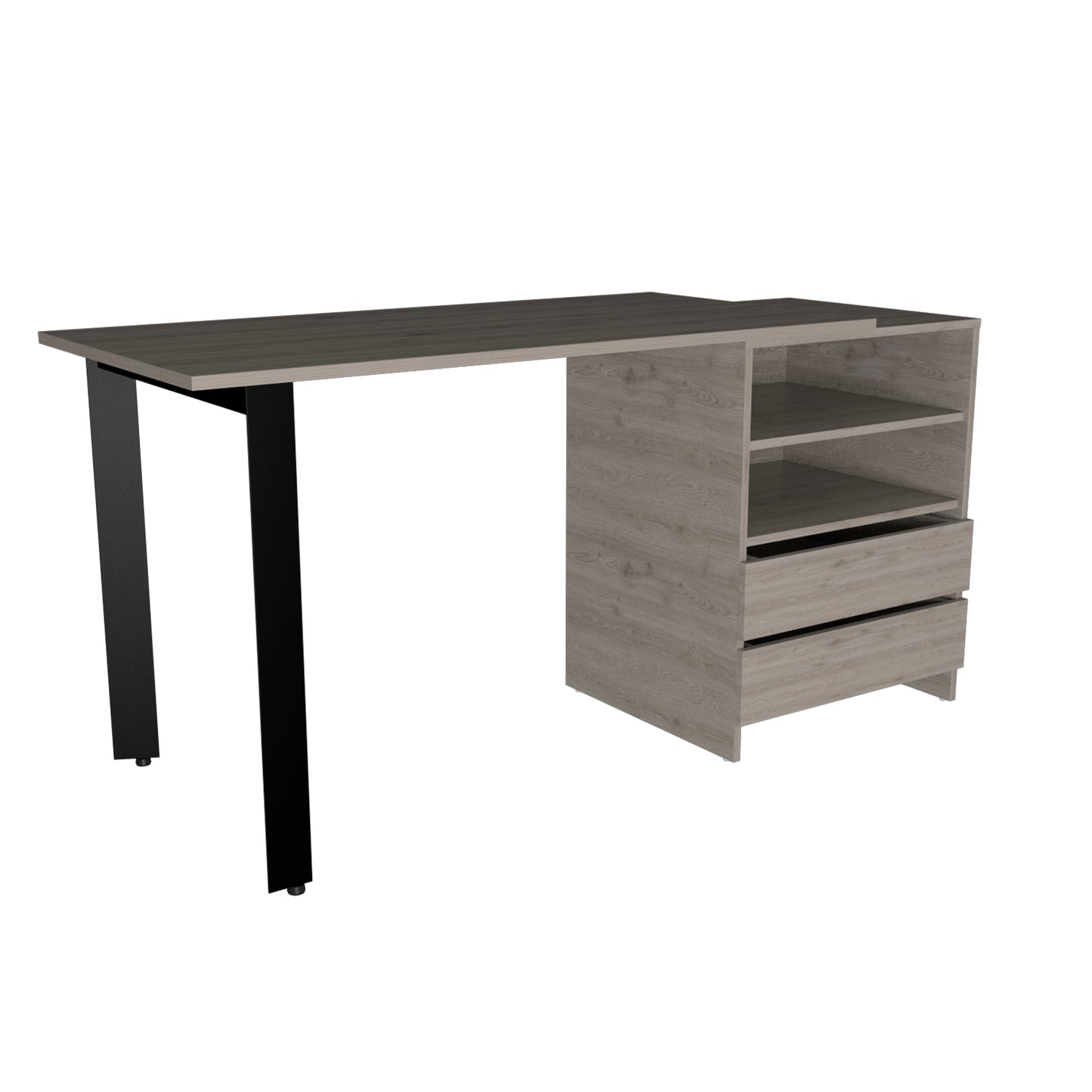 Malaui Modern Office Desk with Metal Legs, Dual Drawers & Shelves - Light Gray