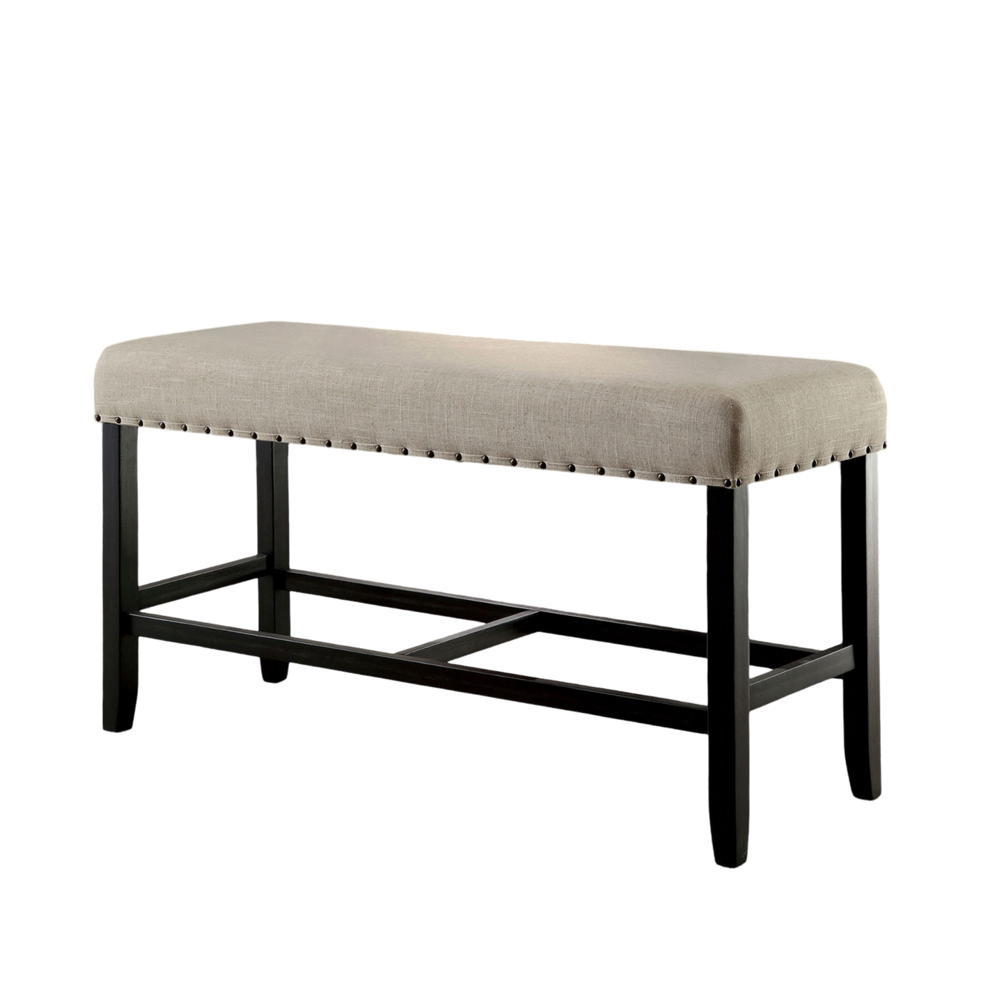 44W Counter Height Dining Bench, 25H, Solid Wood, Linen Beige Upholstery, Nailhead Trim, Rustic, Black