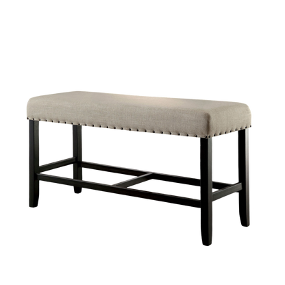 44W Counter Height Dining Bench, 25H, Solid Wood, Linen Beige Upholstery, Nailhead Trim, Rustic, Black