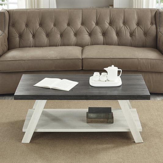 Contemporary Wood Coffee Table with Storage 48W x 24D x 19H, Splayed Legs Weathered Charcoal Beige Finish