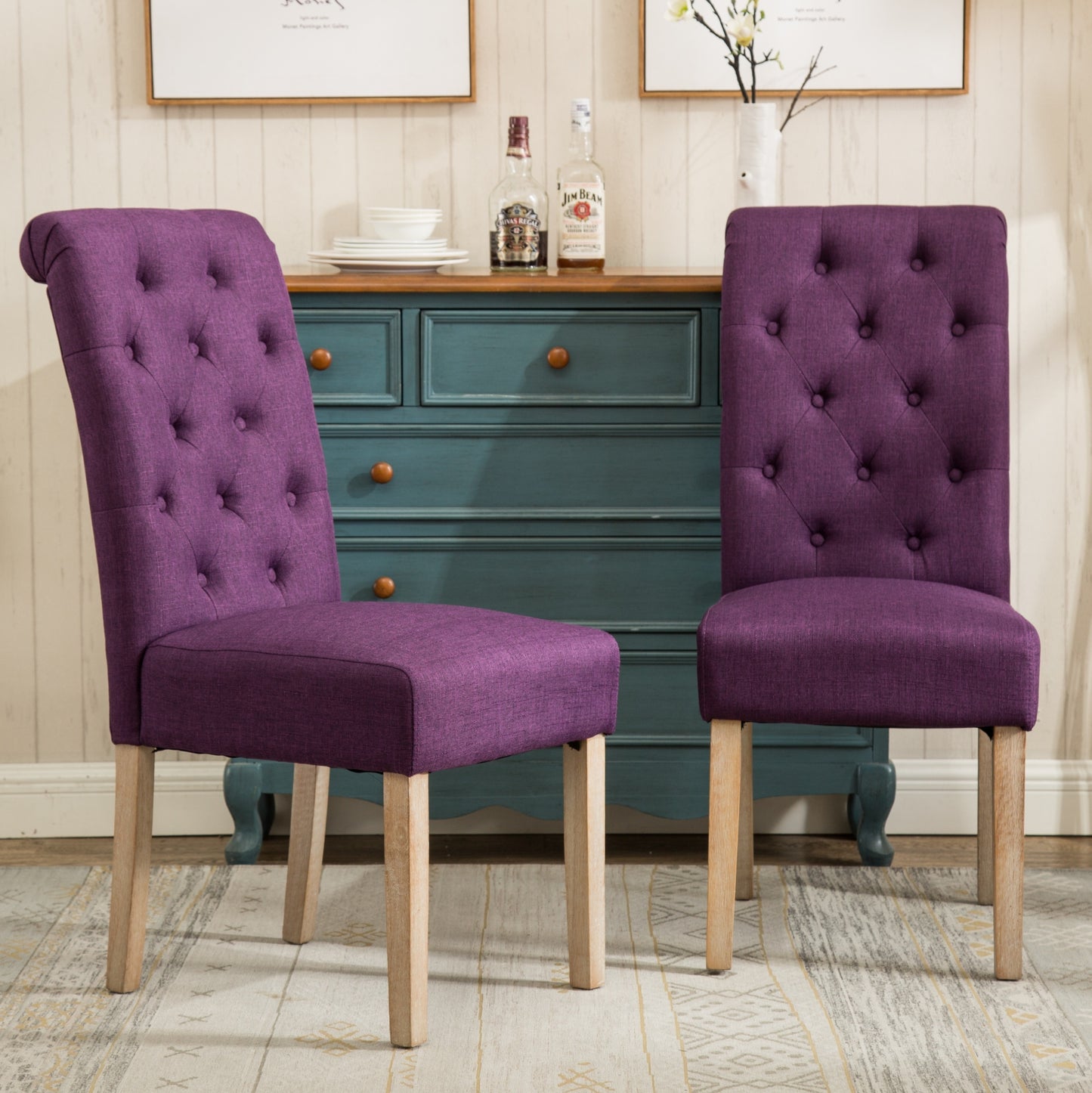 Solid Wood Tufted Parsons Dining Chair, Set of 2, 200 lb Capacity, Oak Finish, Polyester, Purple