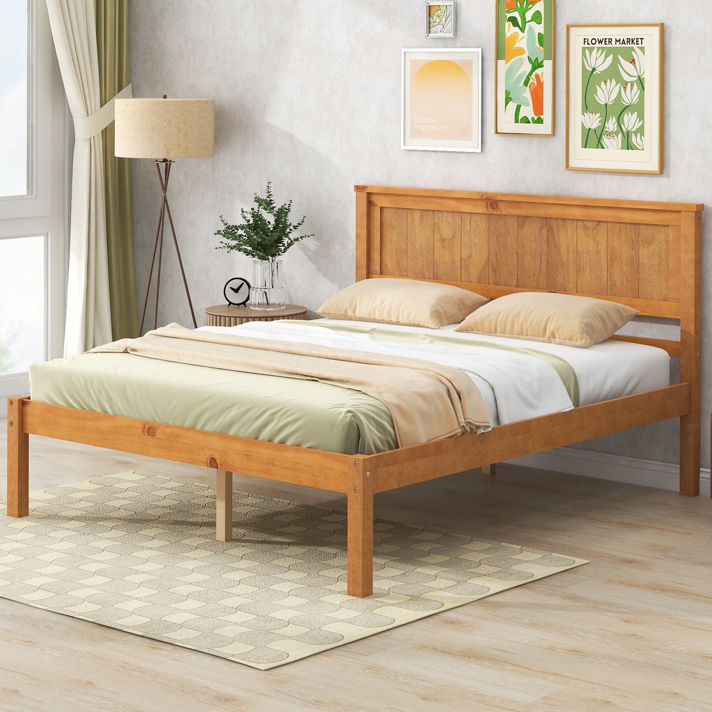 Oak Full Platform Bed Frame with Headboard - No Box Spring Required, Wood Slat Support