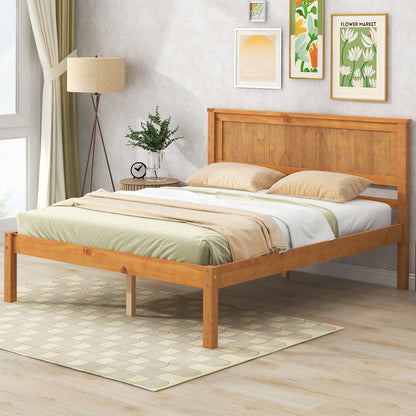 Oak Full Platform Bed Frame with Headboard - No Box Spring Required, Wood Slat Support