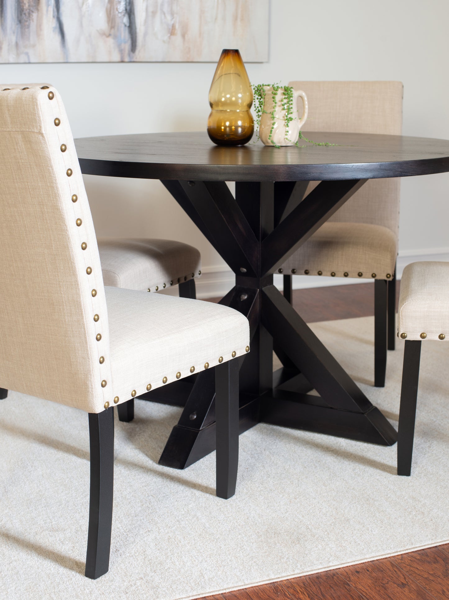 5 Piece Dining Set Round Cross Buck Table With Four Chairs