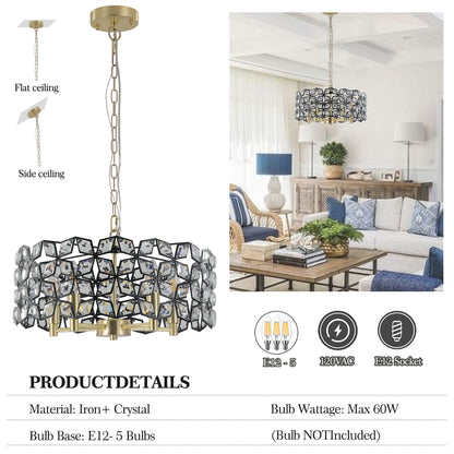 Modern Crystal Chandelier for Living Room - 5-Light Pendant, K9 Crystals, Sand Gold and Black Finish