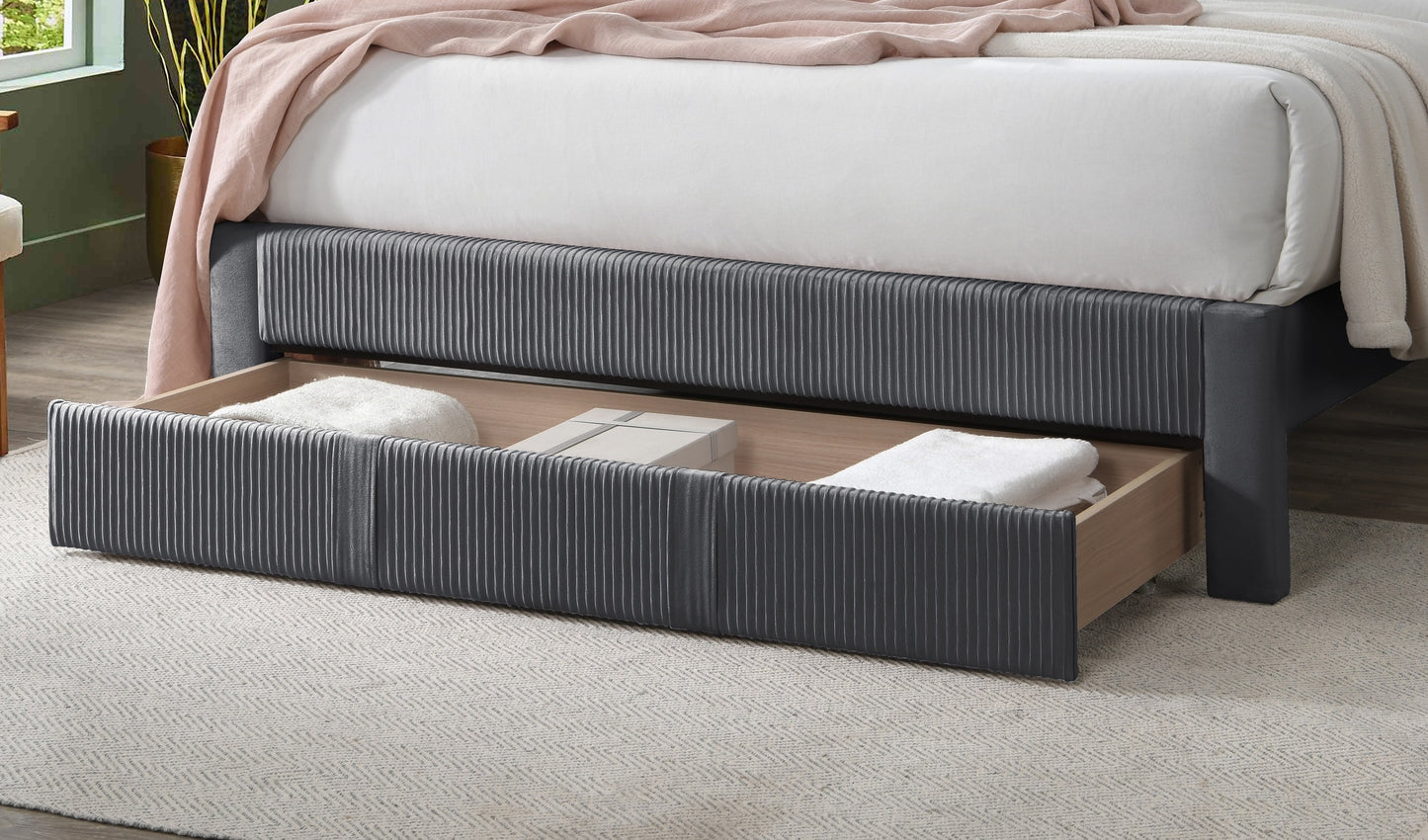 Modern Charcoal Corduroy Upholstered Queen Size Platform Bed with Storage Drawer