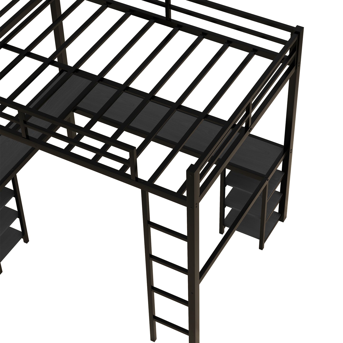 Stylish Black Metal Loft Bed with Integrated Desk and Storage Shelves
