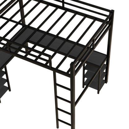 Stylish Black Metal Loft Bed with Integrated Desk and Storage Shelves