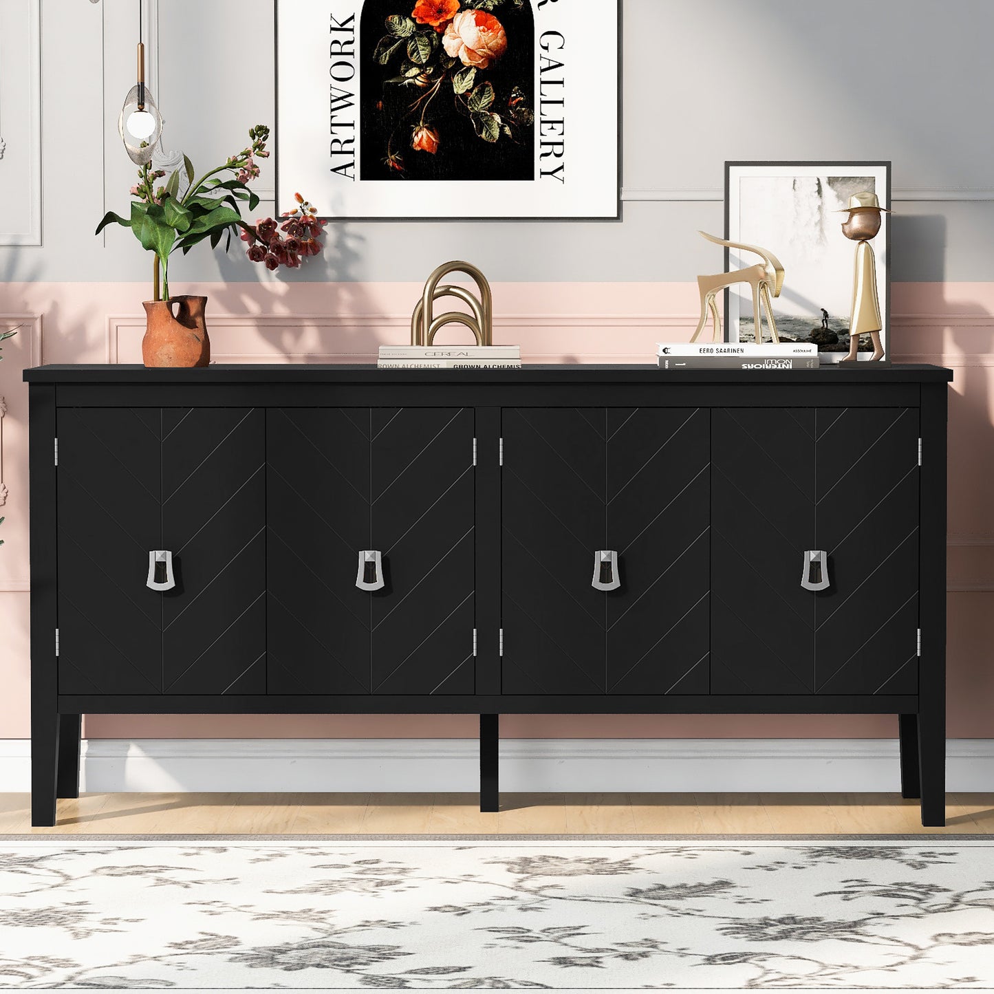 U_STYLE  Four-Door Sideboard with Geometric Line Patterns and Vintage Metal Handles for Timeless Elegance,Suitable for Living Rooms, Entrance and Study Rooms