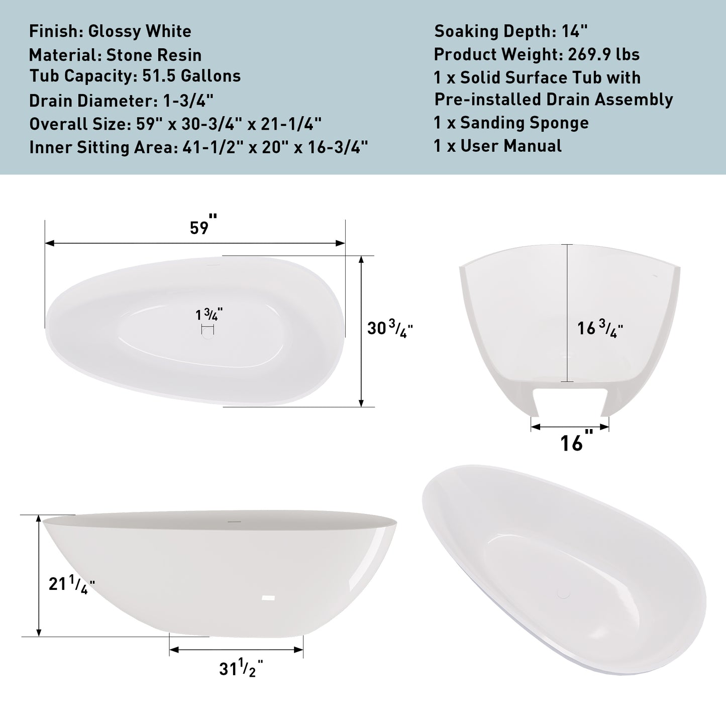 Luxury 59" Freestanding Soaking Bathtub in Glossy White - Handcrafted Solid Surface Design with Efficient Drain System