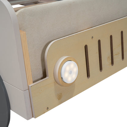 Wood Twin Size Car Bed with LED Lights, Pillow, Ceiling Cloth, Solid Pine and MDF Bed Frame Natural