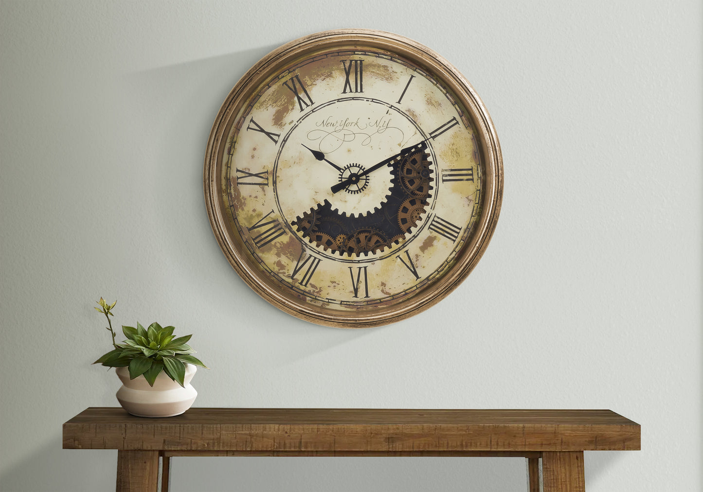 30-Inch Round Wall Clock with Exposed Gear, Large Quartz Movement, Roman Numeral Dial Antique Gold