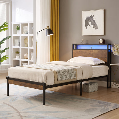 Twin Size Metal Bed Frame with Wooden Headboard, LED Lights, USB Ports, and Ample Under Bed Storage - Easy Assembly, No Box Spring Required
