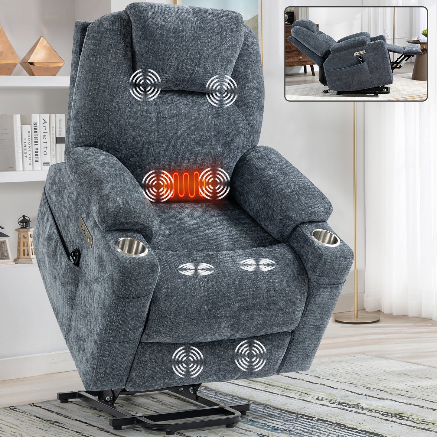Power Lift Recliner Chair, 350 LBS, 8-Point Massage, Lumbar Heat, USB-A & USB-C, Cup Holders, Chenille Upholstery, Blue