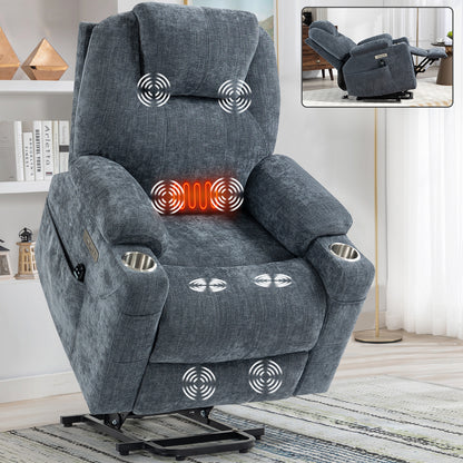 Power Lift Recliner Chair, 350 LBS, 8-Point Massage, Lumbar Heat, USB-A & USB-C, Cup Holders, Chenille Upholstery, Blue