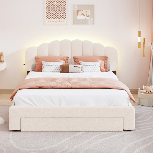 Beige Teddy Fleece Queen Upholstered Platform Bed with Storage Drawer