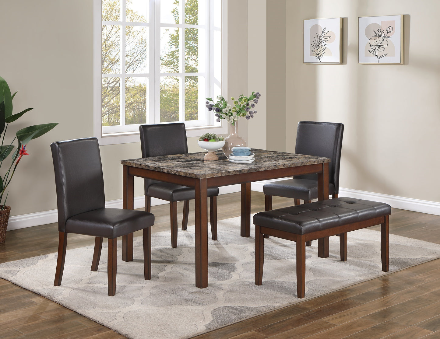 Dining Set With Faux Marble Table Bench 3 Chairs Espresso