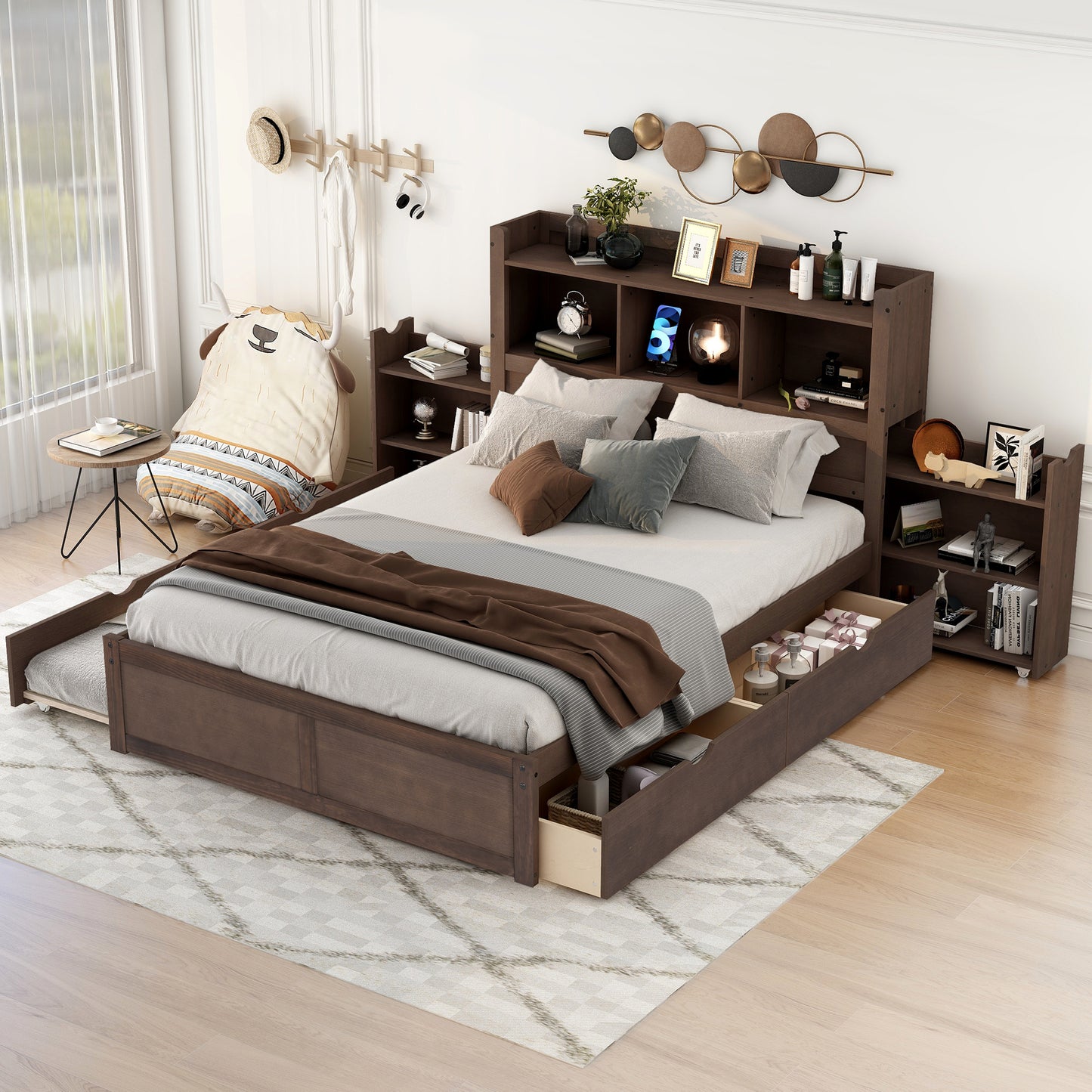 Espresso Full Size Storage Bed with Trundle and Dual Drawers, Pull-Out Shelving System