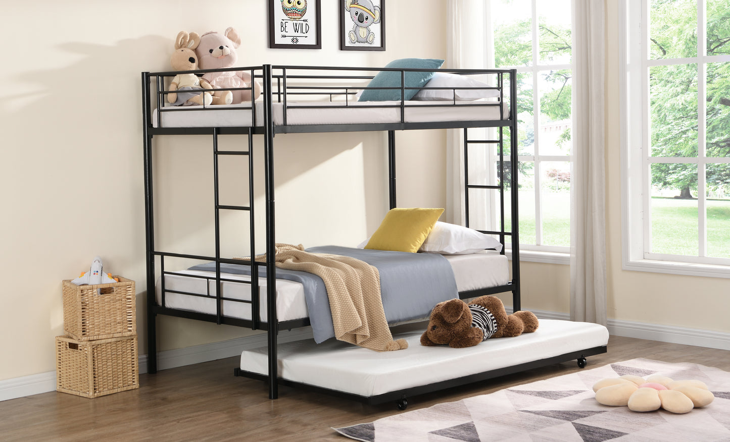 Black Metal Bunk Bed with Trundle for Space-Saving Comfort