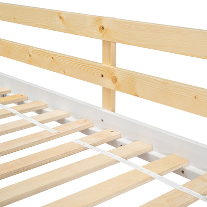 Twin House Bunk Bed for Kids with Roof, Windows, and Safety Features - Natural/White Finish