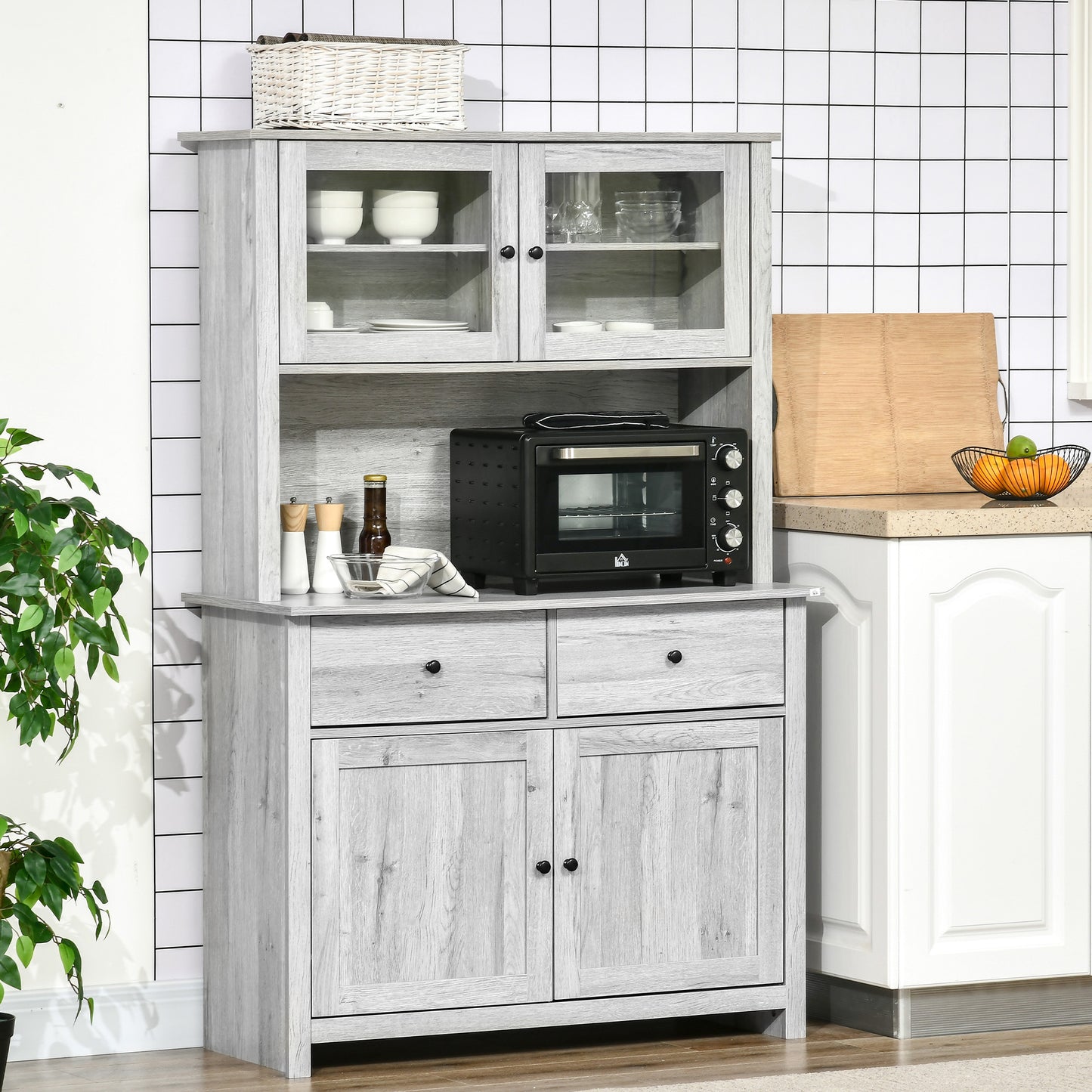 Rustic Ash Grey Kitchen Pantry Buffet with Adjustable Shelves and Glass Doors