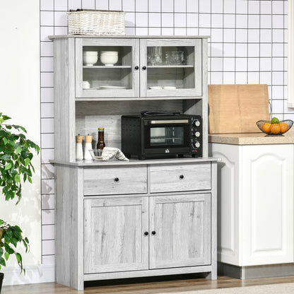 Rustic Ash Grey Kitchen Pantry Buffet with Adjustable Shelves and Glass Doors