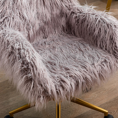 Elegant Grey Faux Fur Office Chair with Golden Base - Fluffy Makeup Vanity Chair for Stylish Girls