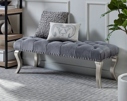 Tufted Upholstered Bench with Nailhead Trim, Velvet, 48W x 18D x 18H, Champagne Wood Legs, Gray