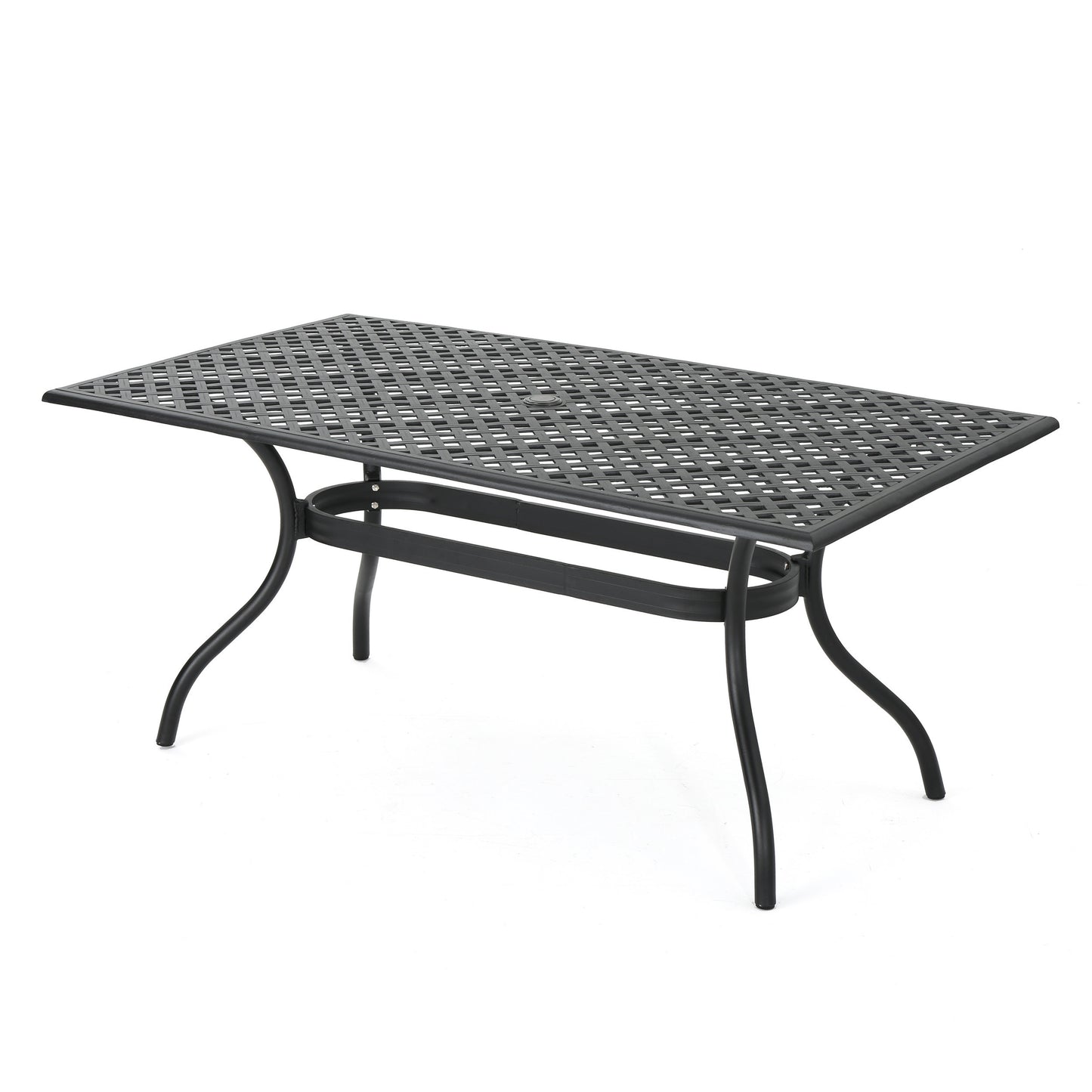 Outdoor Aluminum Dining Table With Lattice Design And Center Umbrella Hole, 66.75 Inch Long, 37.38 Inch Wide Black