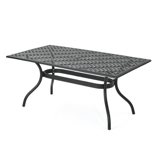 Outdoor Aluminum Dining Table With Lattice Design And Center Umbrella Hole, 66.75 Inch Long, 37.38 Inch Wide Black