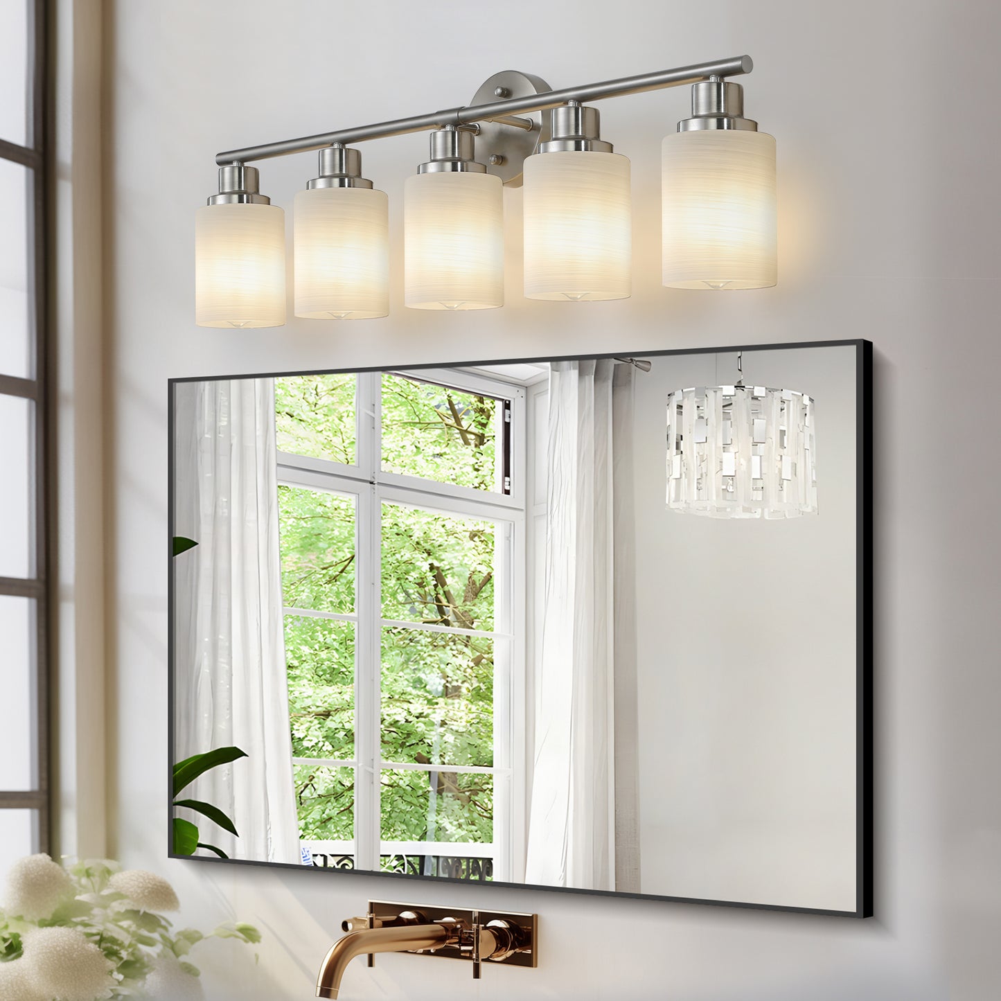 5-Light Vanity Sconce with Frosted Glass Shades for Bathroom or Hallway Lighting, Brushed Nickel