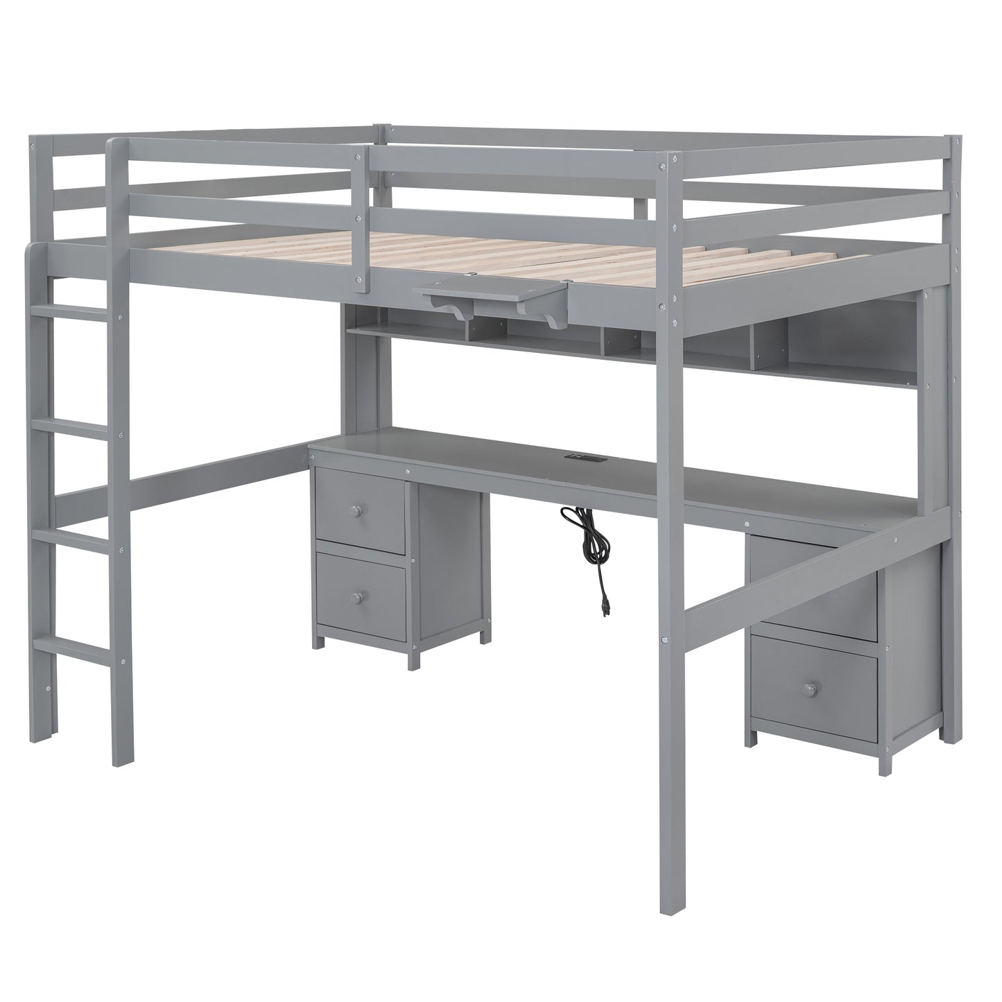 Gray Full Size Loft Bed with Integrated Desk, Storage Solutions, and Charging Station
